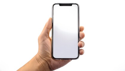 Smartphone mockup, phone holding by hand, isolated on a white background, white display, Mockup banner background