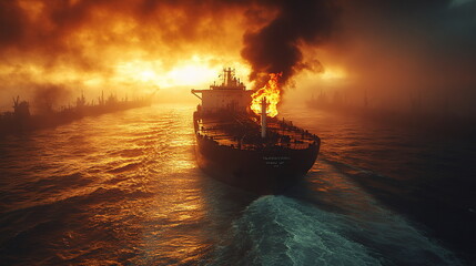 Fototapeta premium Critical Moments with a Oil Tanker Fires at Sea