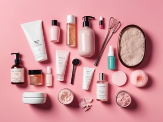 Comprehensive Beauty and Self-Care Essentials: Skincare, Cosmetics, and Tools for a Complete Routine on a Pink Aesthetic Background