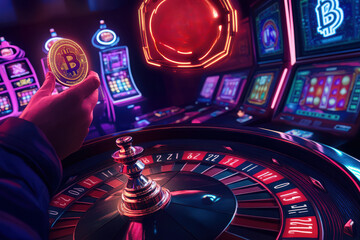 Collapsing cryptocurrency roulette wheel, downward arrows showing financial loss in risky crypto casinos.