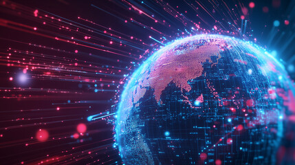 The image shows a globe encompassed by numerous media and data inputs, symbolizing how AI algorithms process vast amounts of visual content in real time. Digital metrics, statistic