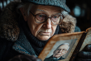 An elderly person looking at a photograph of their younger self, reflecting on the years gone by. Concept of aging.