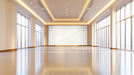Fototapeta premium A spacious exhibition hall with a central blank wall acting as a canvas for presenting visual content such as artworks, advertisements, or digital designs. The room is illuminated