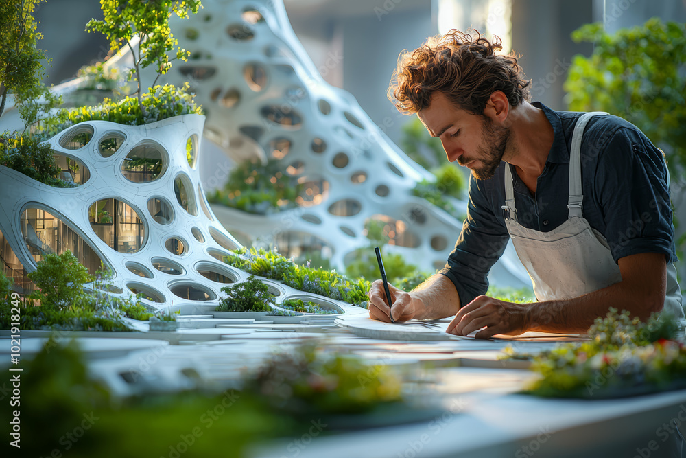 Poster an architect designing a futuristic building with sustainable materials and unique shapes. concept o