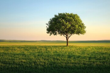 Obraz premium A single tree in a vast field during sunset, casting a long shadow across the grass. 