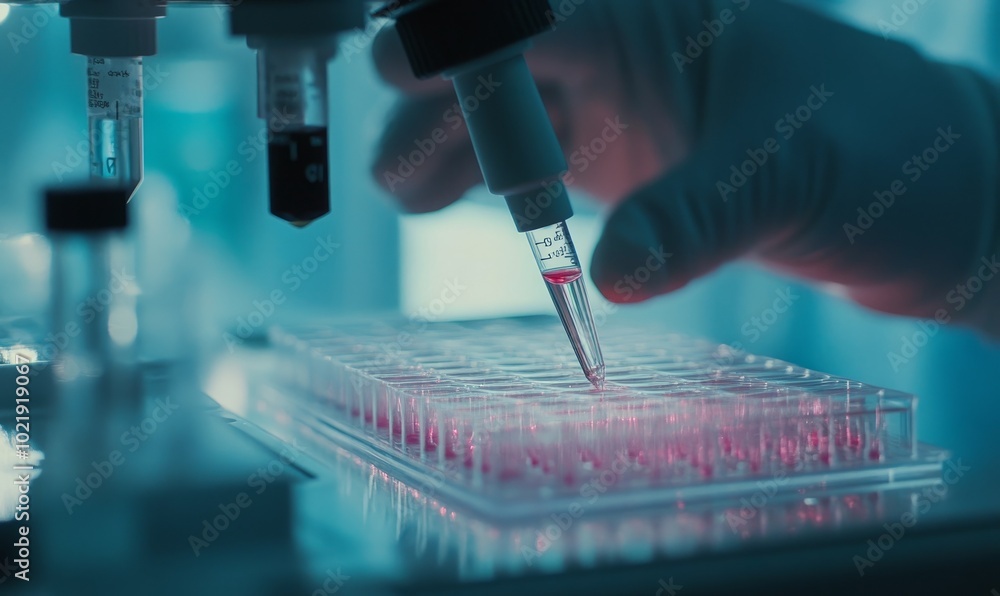 Poster samples being pipetted into micro plates during automated analysis in lab