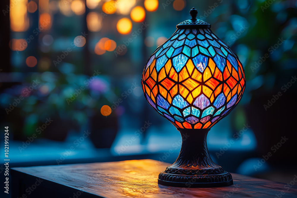 Poster a stained glass lamp casting colorful patterns onto a table, creating a cozy atmosphere. concept of 