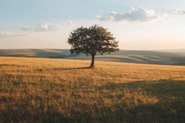 Fototapeta premium A single tree in a vast field during sunset, casting a long shadow across the grass. 