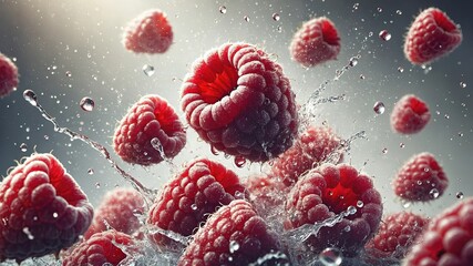 Obraz premium Frozen Raspberries in Splashing Water