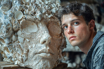 A sculptor using recycled materials to create eco-friendly art pieces. Concept of sustainability.