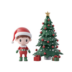 Fototapeta premium Christmas Character 3D Render: Elf and a Big Christmas Tree Cartoon Illustration, Isolated on Transparent Background, PNG