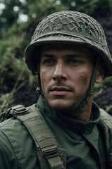 Obraz premium Reconnaissance man navigates a muddy trench, keeping vigilant during intense military operation in a wartime environment.