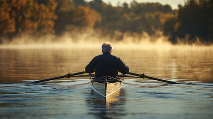 Im enjoying a solo row in the morning mist, gliding over calm waters with beautiful views. Image made using Generative AI.
