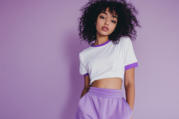 Person in white t-shirt with purple edges and purple sweatpants, purple studio background, half-body portrait