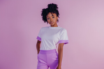 Person in white t-shirt with purple edges and purple sweatpants, purple studio background, half-body portrait