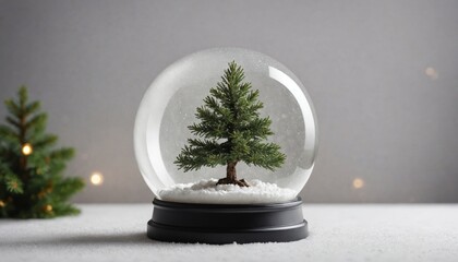 A charming snow globe with a miniature Christmas tree surrounded by snowy landscape, capturing the essence of winter festivities