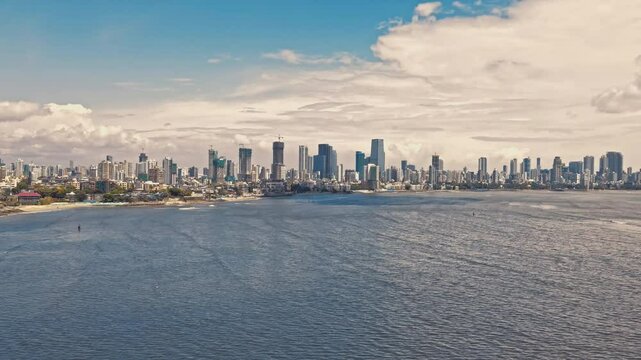 Arial view of Mumbai Skyline, high-rise buildings in Mumbai, Maharashtra India. Cinematic shot of Indian cityscape. The most Posh Areas of Worli-Lower Parel in Mumbai.