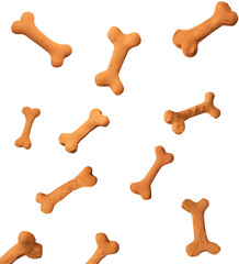 Close Up Front View To a stack of Crunchy bone shaped dog treats PNG Falling or Floating in air isolated on white and transparent background - Pet Puppy snacks Canine biscuits Concept