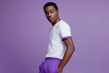 Person in white t-shirt with purple edges and purple sweatpants, purple studio background, half-body portrait