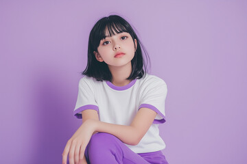 Person in white t-shirt with purple edges and purple sweatpants, purple studio background, half-body portrait