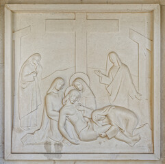 Jesus is laid in the tomb. Station XIV of the Way of the Cross. Valinhos (Fátima), Portugal.