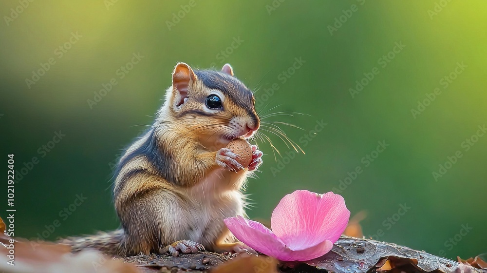 Poster   Chipper on leaf-covered ground with pink flower and green background