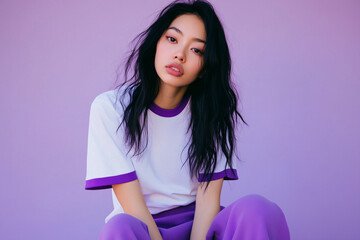 Person in white t-shirt with purple edges and purple sweatpants, purple studio background, half-body portrait