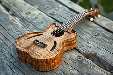 Fototapeta premium Beautifully crafted, koa wood ukulele resting on its side on a wooden surface