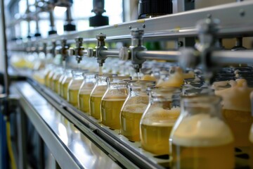 Conveyor belt transporting glass bottles being filled with yellow liquid by an automatic bottling machine in a factory