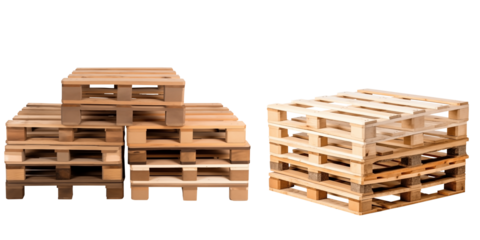 Close Up Front View To a Set Of Wooden pallets PNG isolated on white and transparent background - Pallet base Shipping pallet Wood crate For Storage Concept