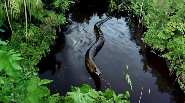 Anaconda snake swimming in river between green plants