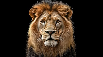 Fototapeta premium A sharp image of a lion's face against a black backdrop, with the eyes slightly blurred due to low lighting or camera settings