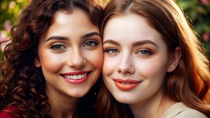Happy close-up portrait of two smiling young women, warm outdoor setting, friendship bond