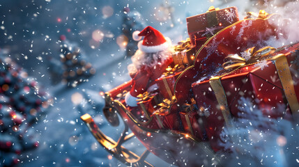 Santa Claus on Red Sleigh Christmas Gift Delivery