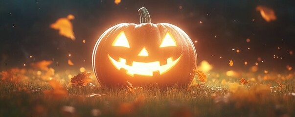 Glowing pumpkin with jack-o'-lantern face amidst falling autumn leaves on a misty evening