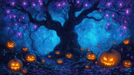 Enchanted night forest with glowing jack-o'-lanterns under mysterious tree