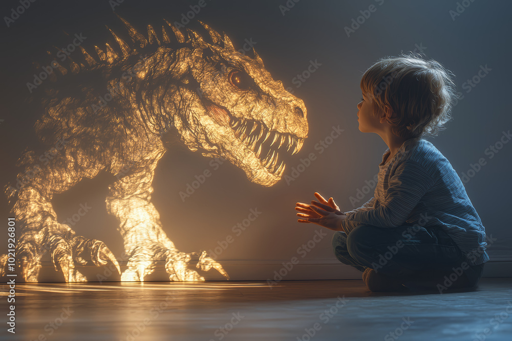 Aufkleber a child playing with a shadow puppet, using their hands to create animal shapes on the wall. concept