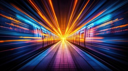 Colorful light streaks in a fast-moving urban subway tunnel