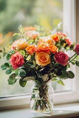 A vibrant bouquet of flowers in a vase, placed on a windowsill with natural light. 