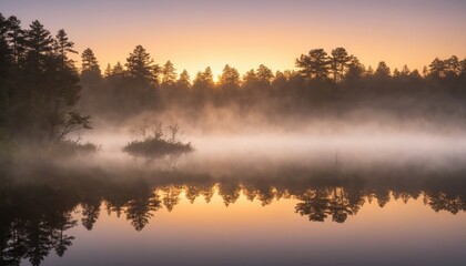 Fototapeta premium Ethereal sunrise over tranquil waters reflecting misty pines in a serene forest landscape at dawn