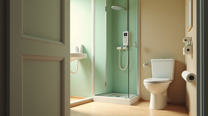 Inviting Open Washroom Showcasing Practicality and Comfort with Thoughtful Arrangement of Essential Features