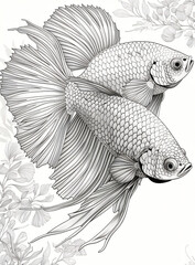 Coloring page animal theme, fish framed of flowers	