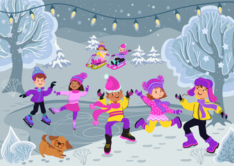 Happy cartoon kids have fun on a walk in the winter park. Children go sledding and skating. Boys and girls in bright warm clothes. Winter outdoor activity. Vector illustration.