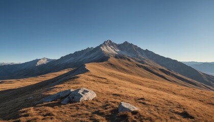 Fototapeta premium Majestic mountain range under a clear blue sky with golden fields in the foreground during a bright sunny day