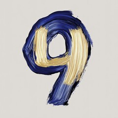 A creative 3D rendering of the number 9 formed by broad strokes of glossy paint in deep blues and gold, with each stroke having a different texture from smooth lacquer to rough acrylic.