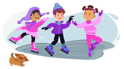 Naklejka premium Happy kids skating. Winter outdoor activity. Boy and girls in bright winter clothes. Cute little skaters and a dog. Cartoon children. Hand-drawn flat vector illustration.
