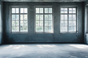 Empty Room with Three Large Windows and Sunlight