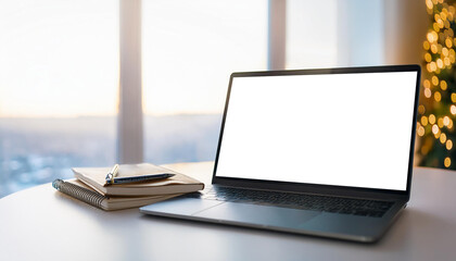 Laptop with blank screen on a desktop and Christmas tree with lights in the background