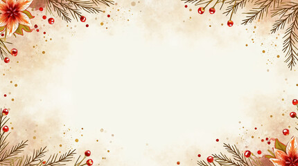 This design showcases a beautiful border adorned with pine branches, vibrant flowers, and holiday berries, creating a warm festive atmosphere ideal for seasonal cards