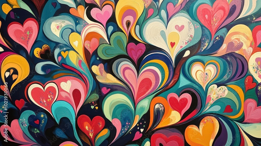 Poster a vibrant abstract pattern with multi-colored hearts and swirls on a dark background.
